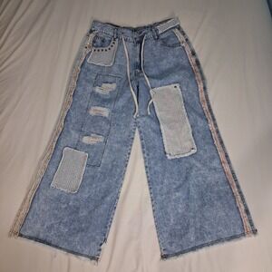 Pol Wide Leg Patchwork Baggy Lightweight Denim Pant Drawstring Jeans Boho Hippie